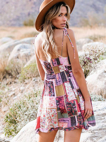 Spaghetti Straps Floral Patchwork Flare Mini Dress